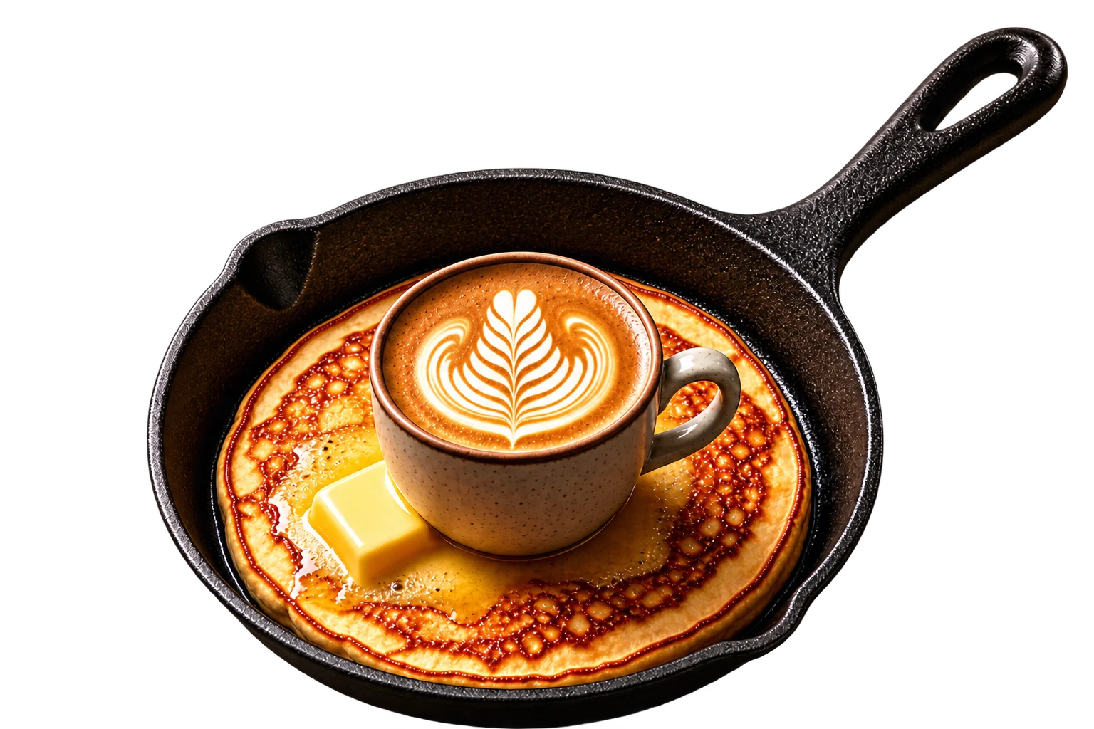 ButterFry pan with pancake and coffee